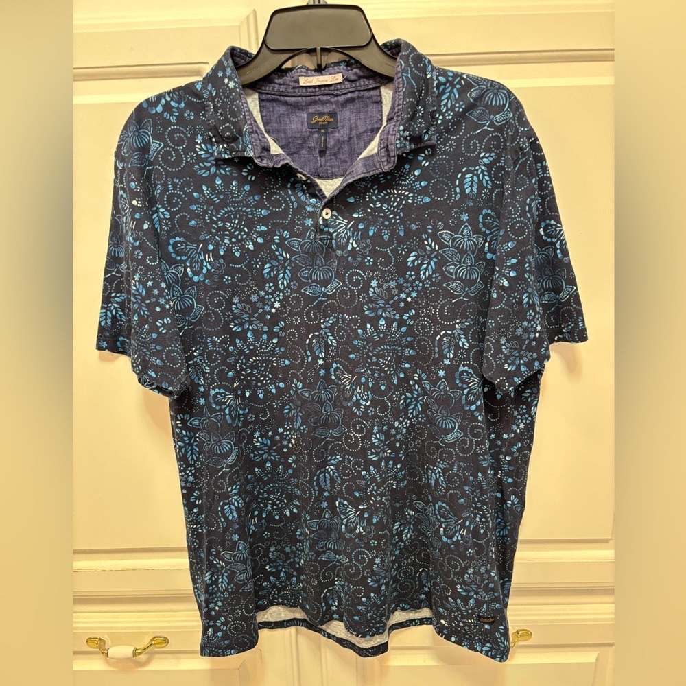 Good Man Flower Print Blue Polo Button Short Sleeve Shirt Men’s Size XL
